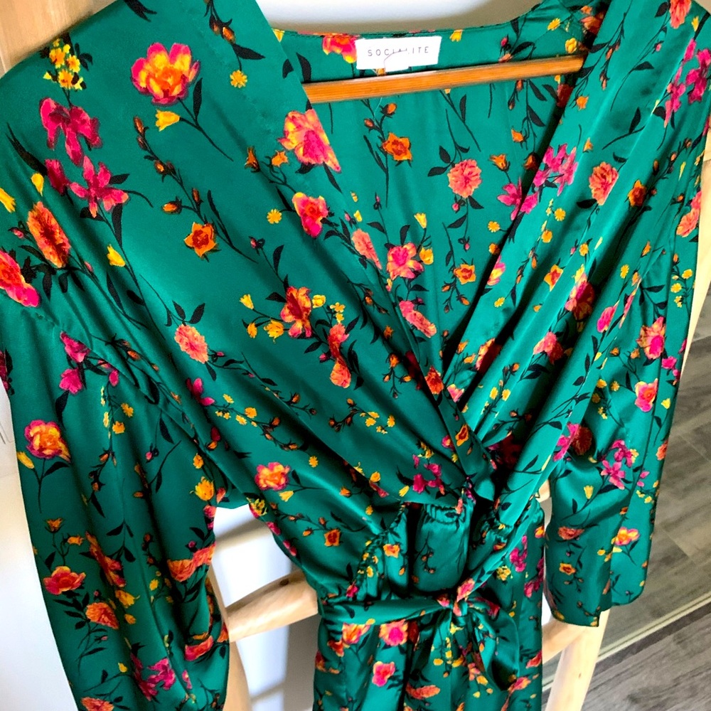 Ballon sleeve floral silk dress